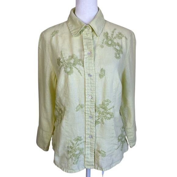 Madison Studio Vtg Y2K Linen Pastel Green Floral Embroidered Button Down Shirt 8 - Picture 2 of 16